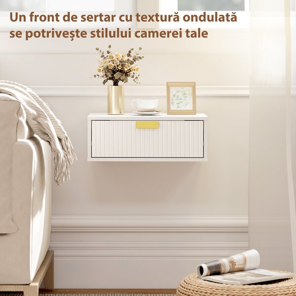 HOMCOM Set 2 noptiere suspendate cu sertar ondulat, pentru dormitor și living, 40x30x15 cm, alb | Aosom Romania