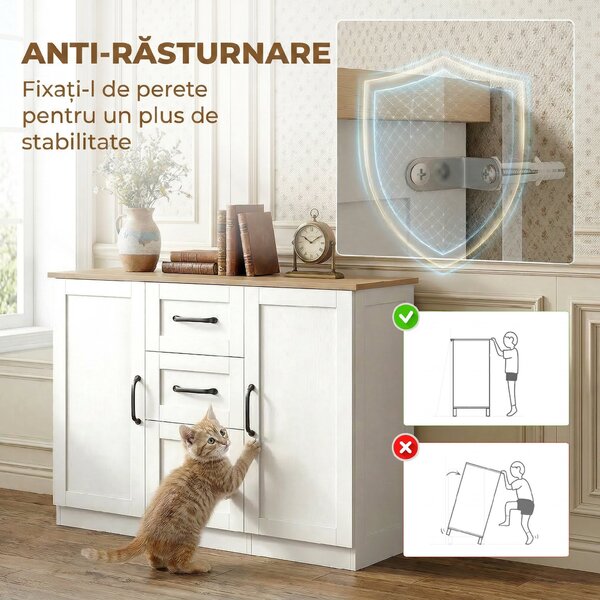 HOMCOM Bufet de bucătărie cu 3 sertare și 2 uși, închidere amortizată, pentru dining, hol și living, 110x35x80,4 cm, alb | Aosom Romania