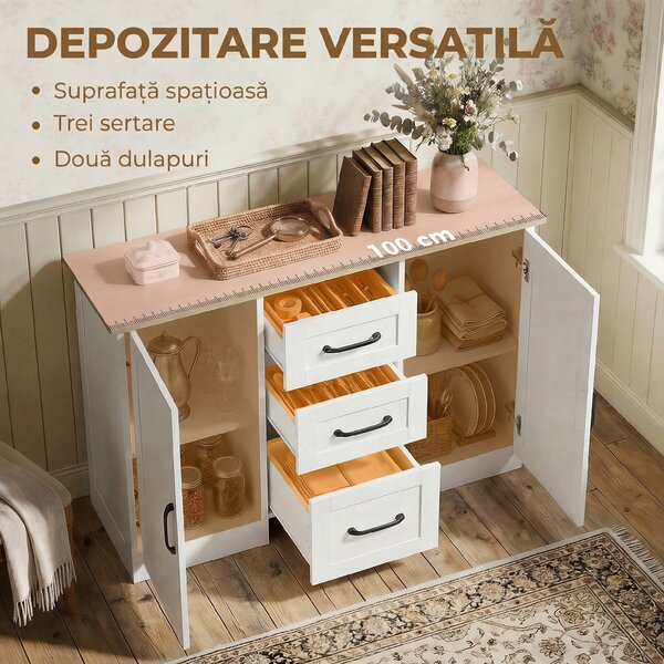 HOMCOM Bufet de bucătărie cu 3 sertare și 2 uși, închidere amortizată, pentru dining, hol și living, 110x35x80,4 cm, alb | Aosom Romania