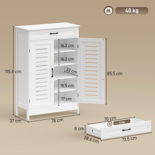 HOMCOM Pantofar pentru Hol cu 2 Uși cu Lamele, 5 Niveluri, Rafturi Reglabile, pentru 20 Perechi de Pantofi, 78x37x115,8 cm, Alb | Aosom Romania