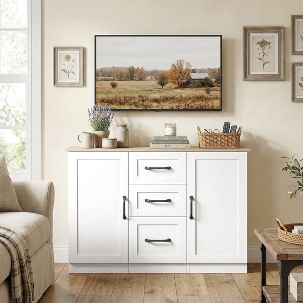 HOMCOM Bufet de bucătărie cu 3 sertare și 2 uși, închidere amortizată, pentru dining, hol și living, 110x35x80,4 cm, alb | Aosom Romania