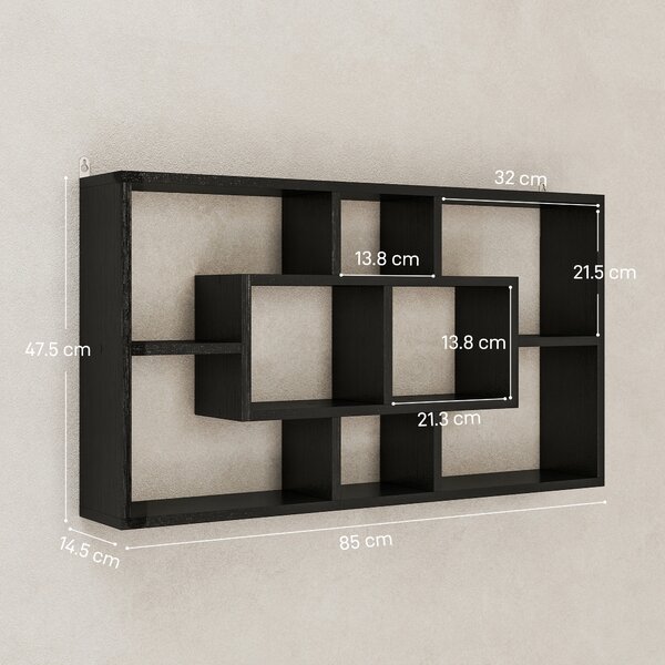 HOMCOM Etajeră de Perete cu 8 Compartimente, 85 x 14,5 x 47,5 cm, Lemn, Negru | Aosom Romania
