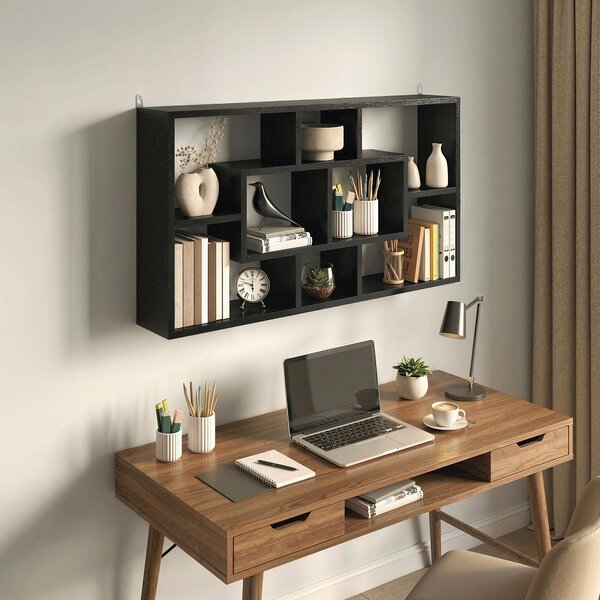 HOMCOM Etajeră de Perete cu 8 Compartimente, 85 x 14,5 x 47,5 cm, Lemn, Negru | Aosom Romania