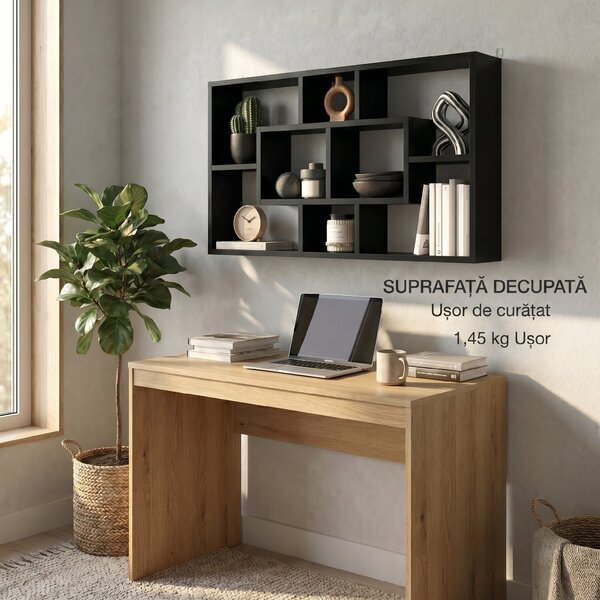 HOMCOM Etajeră de Perete cu 8 Compartimente, 85 x 14,5 x 47,5 cm, Lemn, Negru | Aosom Romania