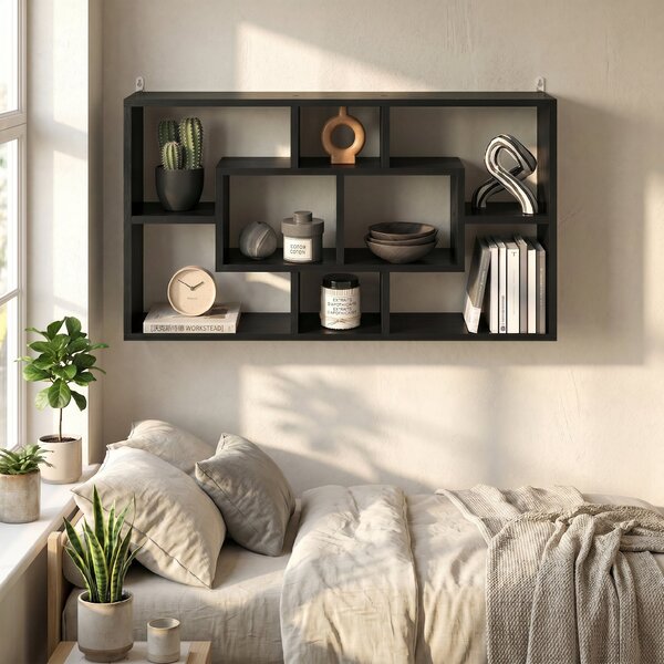 HOMCOM Etajeră de Perete cu 8 Compartimente, 85 x 14,5 x 47,5 cm, Lemn, Negru | Aosom Romania
