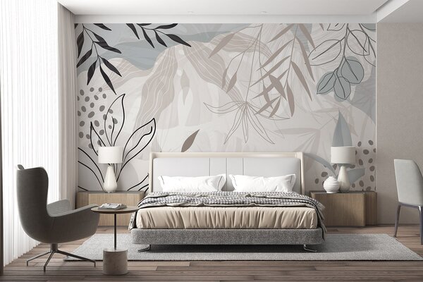 Tapet Design abstract floral modern cu frunze pastel bej, gri, albastru și negru, artă delicată de linii și, Fototapet Modern, w09105 : Uwalls.ro