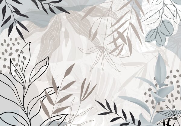 Tapet Design abstract floral modern cu frunze pastel bej, gri, albastru și negru, artă delicată de linii și, Fototapet Modern, w09105 : Uwalls.ro