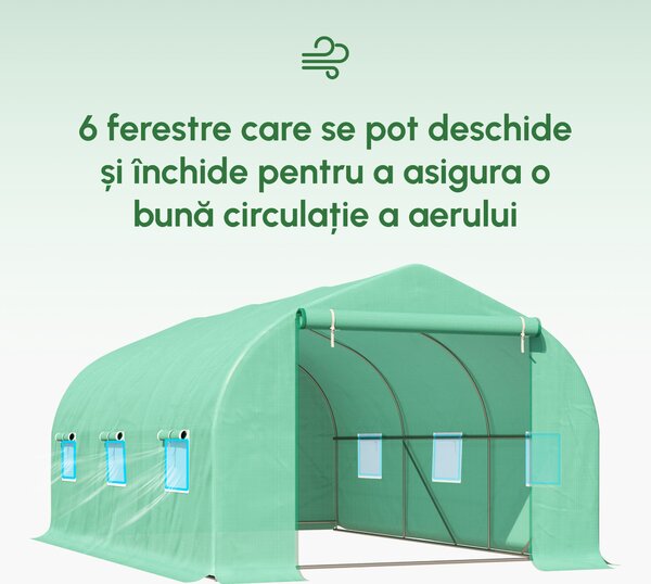 Outsunny Seră pentru Grădină cu 6 Ferestre, Ușă Rulantă și Acoperiș Învelit PE, 4,5x3x2 m, Verde Închis | Aosom Romania