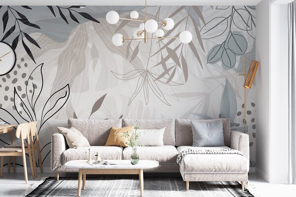 Tapet Design abstract floral modern cu frunze pastel bej, gri, albastru și negru, artă delicată de linii și, Fototapet Modern, w09105 : Uwalls.ro