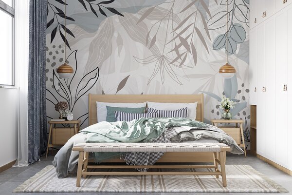 Tapet Design abstract floral modern cu frunze pastel bej, gri, albastru și negru, artă delicată de linii și, Fototapet Modern, w09105 : Uwalls.ro