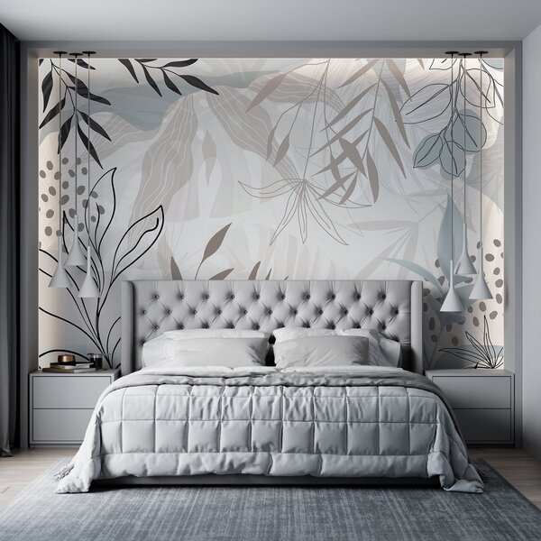 Tapet Design abstract floral modern cu frunze pastel bej, gri, albastru și negru, artă delicată de linii și, Fototapet Modern, w09105 : Uwalls.ro