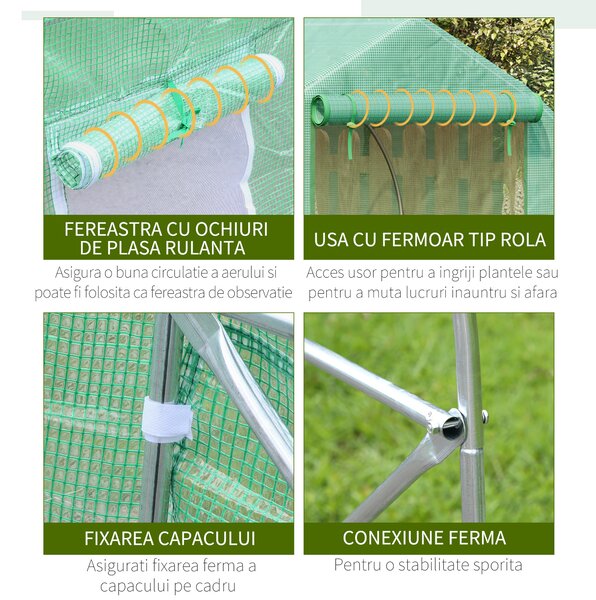 Outsunny Seră pentru Grădină cu 6 Ferestre, Ușă Rulantă și Acoperiș Învelit PE, 4,5x3x2 m, Verde Închis | Aosom Romania