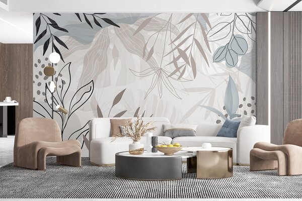 Tapet Design abstract floral modern cu frunze pastel bej, gri, albastru și negru, artă delicată de linii și, Fototapet Modern, w09105 : Uwalls.ro