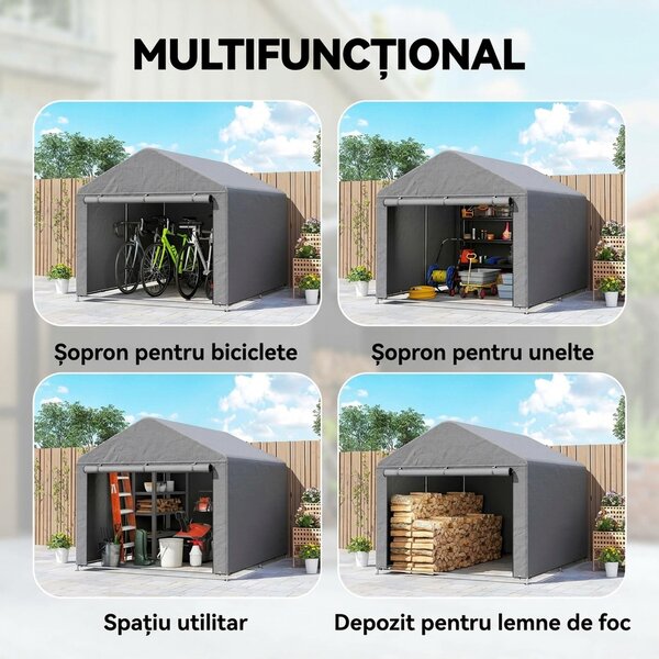 Outsunny 2x2.4 m Cort pentru Depozitare în Grădină, Cort Garaj cu Acoperire Impermeabilă, Ușă Rulabilă cu Fermoar, pentru Biciclete și Unelte, Metal Zincat, Gri Deschis | Aosom Romania