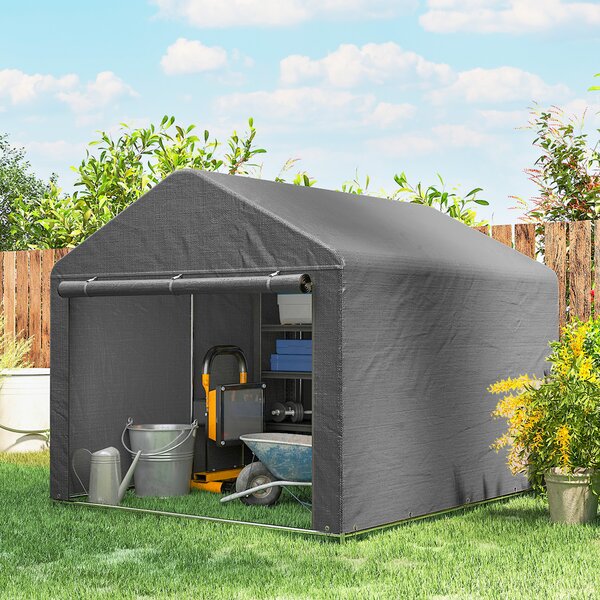 Outsunny 2x2.4 m Cort pentru Depozitare în Grădină, Cort Garaj cu Acoperire Impermeabilă, Ușă Rulabilă cu Fermoar, pentru Biciclete și Unelte, Metal Zincat, Gri Deschis | Aosom Romania