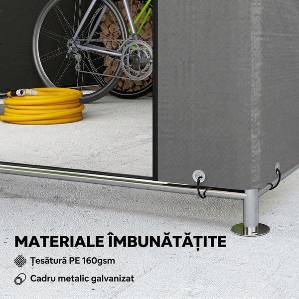 Outsunny 2x2.4 m Cort pentru Depozitare în Grădină, Cort Garaj cu Acoperire Impermeabilă, Ușă Rulabilă cu Fermoar, pentru Biciclete și Unelte, Metal Zincat, Gri Deschis | Aosom Romania