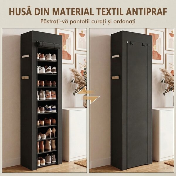HOMCOM Pantofar 10 Etajere, Cover Antipraf, 20 Perechi, 45 x 30 x 175 cm, Negru | Aosom Romania