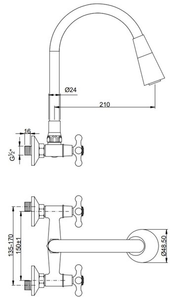 Invena Roma baterie bucătărie perete crom-alb BC-24-E2S