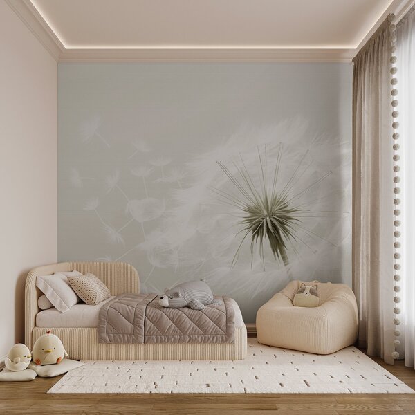 Tapet Compoziție florală modernă, moale, cu un cap de păpădie complet înflorit și semințe plutitoare, așezate, Fototapet Flori, w03939v1 : Uwalls.ro