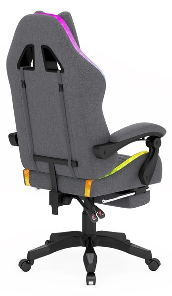 Scaun gaming, sistem iluminare bandă LED RGB, suport picioare, material textil, Gri