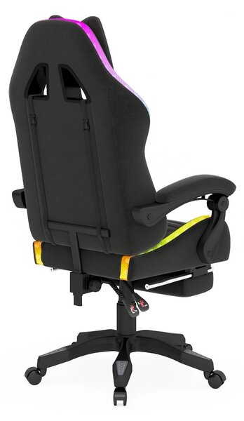 Scaun gaming, sistem iluminare bandă LED RGB, suport picioare, material textil, Negru