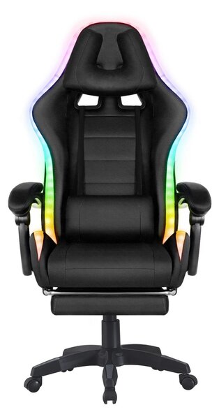 Scaun gaming, sistem iluminare bandă LED RGB, suport picioare, material textil, Negru