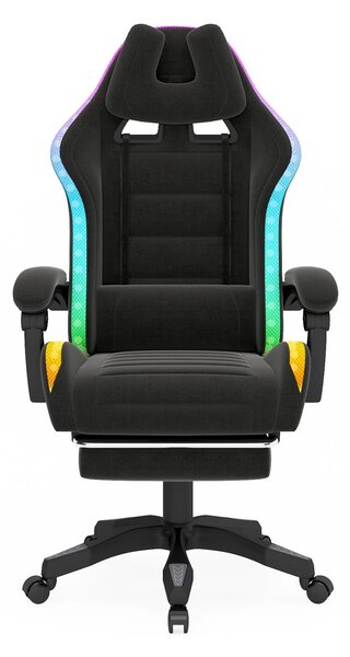 Scaun gaming, sistem iluminare bandă LED RGB, suport picioare, material textil, Negru