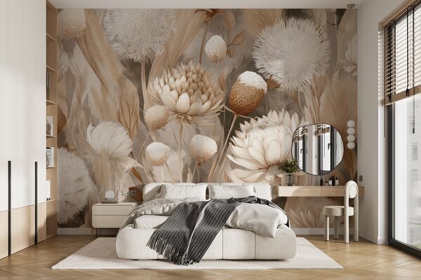 Tapet Boho Harmony: Flori texturate în tonuri de bej și crem, Fototapet Flori, w09121 : Uwalls.ro