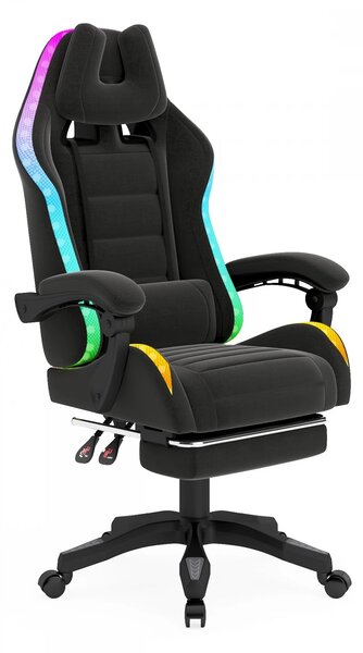 Scaun gaming, sistem iluminare bandă LED RGB, suport picioare, material textil, Negru