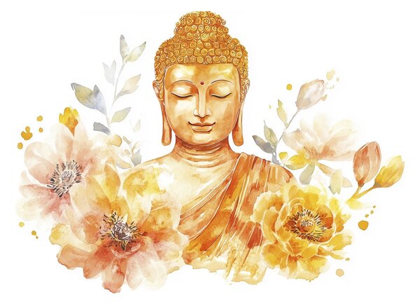 Tapet Acuarelă Buddha cu flori, spiritual, paletă de culori portocalii , Fototapet Acuarelă, w04005 : Uwalls.ro