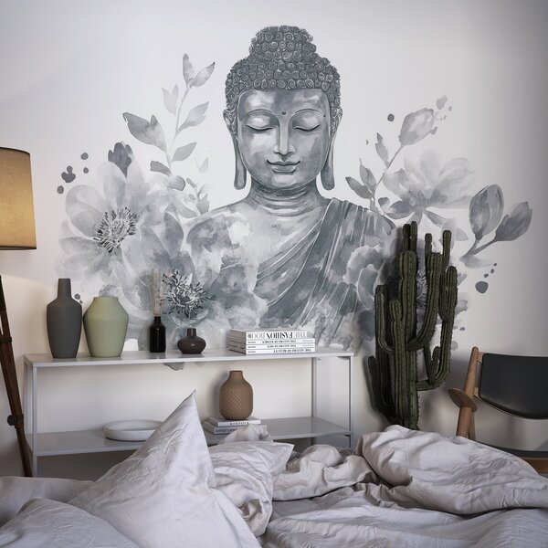 Tapet Acuarelă Buddha cu flori, spiritual, paletă de culori gri, Fototapet Flori, w04005v1 : Uwalls.ro