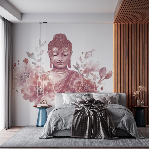 Tapet Acuarelă Buddha cu flori, spiritual, paletă de culori burgundy , Fototapet Flori, w04005v2 : Uwalls.ro