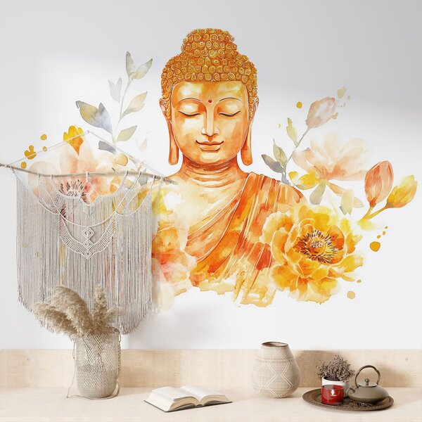 Tapet Acuarelă Buddha cu flori, spiritual, paletă de culori portocalii , Fototapet Acuarelă, w04005 : Uwalls.ro