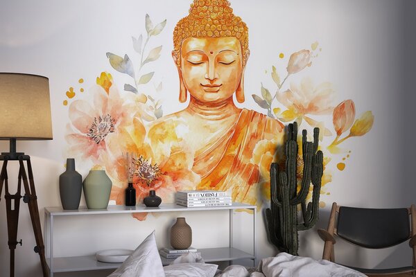 Tapet Acuarelă Buddha cu flori, spiritual, paletă de culori portocalii , Fototapet Acuarelă, w04005 : Uwalls.ro
