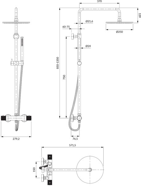 Omnires Contour set de duș perete cu termostat auriu CT8044GLB