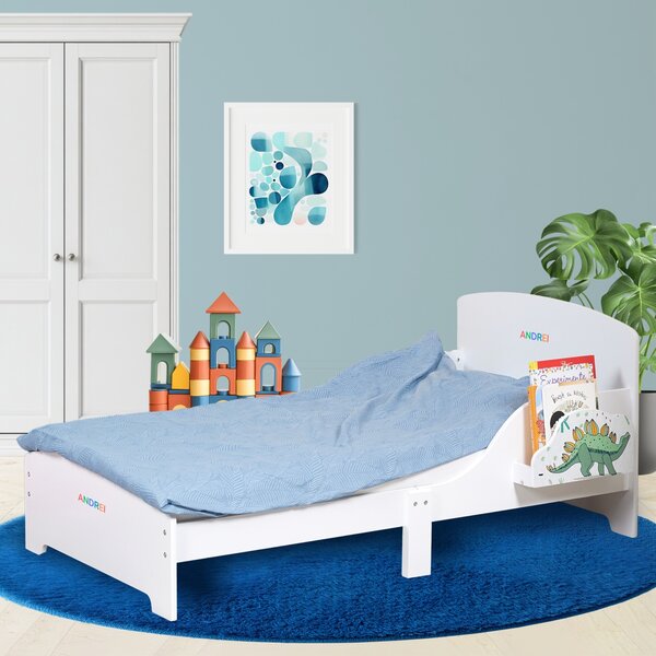 Pat Copii Suporto cu Protectie Laterala si Raft Depozitare Carti si Jucarii, Model Dinozaur, Patut pentru Baieti si Fetite Varsta de 3 - 8 Ani, Mobilier din Lemn MDF, Alb
