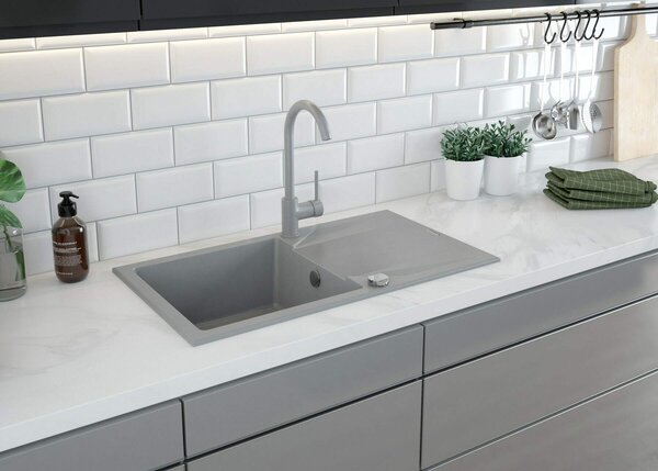 Deante Evora, chiuveta blat granit 780x440x193 mm, 3,5" + sifon care economisește spațiu, 1 cameră, gri, ZQJ_S113