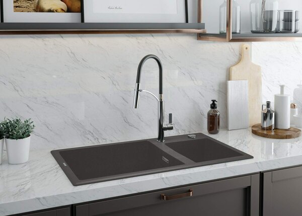Deante Eridan, chiuveta blat granit 880x500x200 mm, 3,5" + sifon de economisire a spațiului, cu 2 camere, antracit metalic, ZQE_T20B