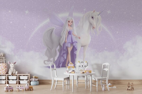 Tapet O zână cu un unicorn printre nori, Fototapet Pentru Copii, Fototapet pentru camera unei fete, w03527 : Uwalls.ro