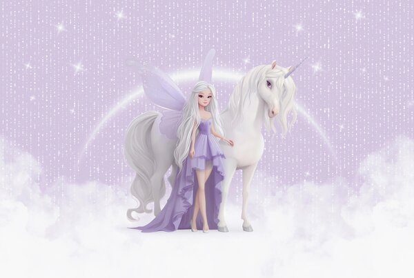 Tapet O zână cu un unicorn printre nori, Fototapet Pentru Copii, Fototapet pentru camera unei fete, w03527 : Uwalls.ro