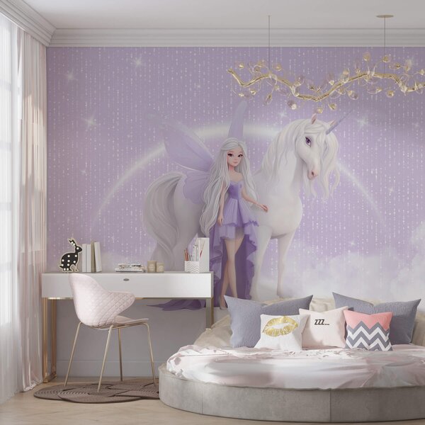 Tapet O zână cu un unicorn printre nori, Fototapet Pentru Copii, Fototapet pentru camera unei fete, w03527 : Uwalls.ro