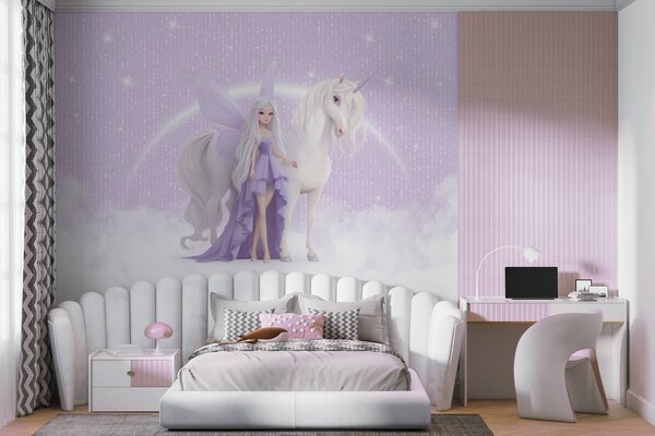 Tapet O zână cu un unicorn printre nori, Fototapet Pentru Copii, Fototapet pentru camera unei fete, w03527 : Uwalls.ro