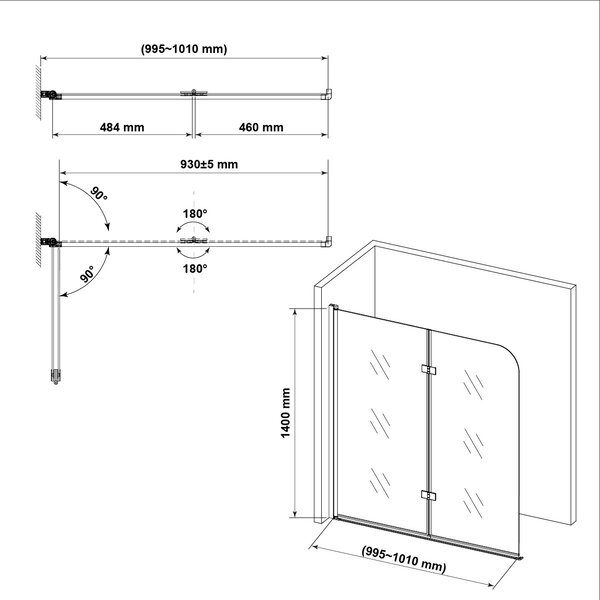 Hagser Anke paravan cadă 100 cm două piese crom luciu/sticlă transparentă HGR30000023