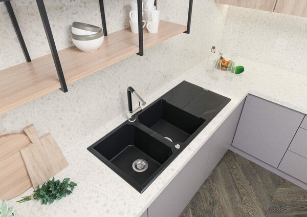 Deante Andante, chiuvetă din granit 1160x500x224 mm + sifon de economisire a spațiului, cu 2 camere, grafit, ZQN_G213