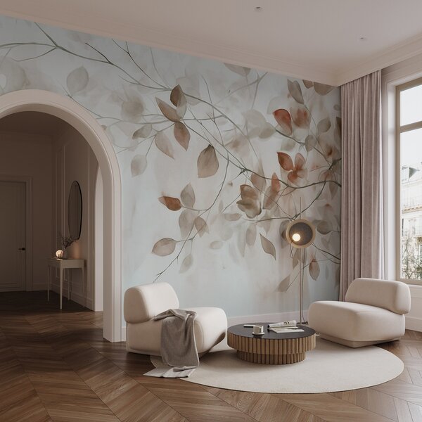 Tapet Textural pictura acuarelă imitație de frunze maro și ramuri, culori moi, detalii delicate pe un fundal, Fototapet Natură, w09133 : Uwalls.ro