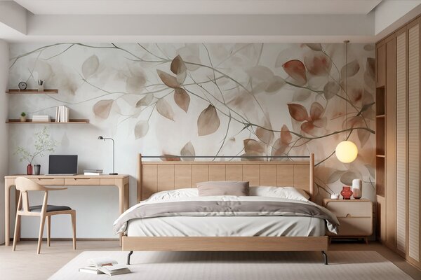Tapet Textural pictura acuarelă imitație de frunze maro și ramuri, culori moi, detalii delicate pe un fundal, Fototapet Natură, w09133 : Uwalls.ro