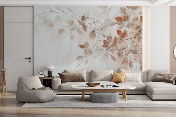 Tapet Textural pictura acuarelă imitație de frunze maro și ramuri, culori moi, detalii delicate pe un fundal, Fototapet Natură, w09133 : Uwalls.ro