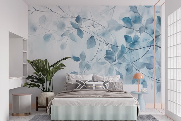 Tapet Textural pictura acuarelă imitație de frunze albastre și ramuri, culori moi, detalii delicate pe un, Fototapet Acuarelă, w09133v1 : Uwalls.ro