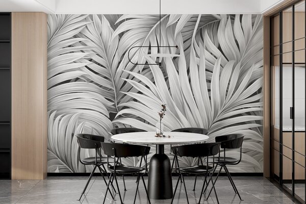 Tapet Frunze de palmier tropical cu textură monocromă, creând un imprimeu tropical, Fototapet Natură, Fototapet Foi de palmier, w09145 : Uwalls.ro