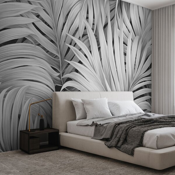 Tapet Frunze de palmier tropical cu textură monocromă, creând un imprimeu tropical, Fototapet Natură, Fototapet Foi de palmier, w09145 : Uwalls.ro